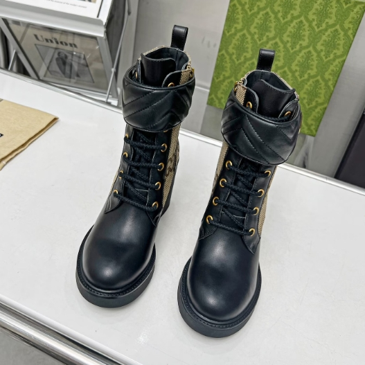 Gucci-Khaki Canvas Cowhide Ankle Boots