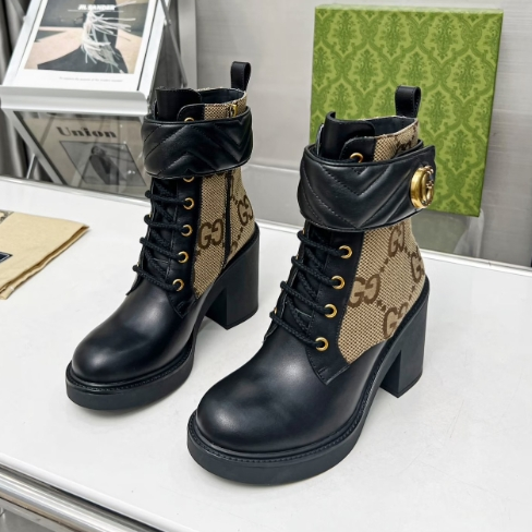 Gucci-Khaki Canvas Cowhide Ankle Boots