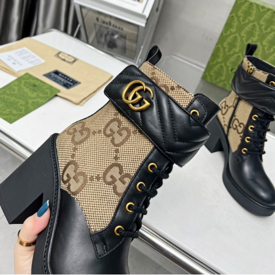 Gucci-Khaki Canvas Cowhide Ankle Boots