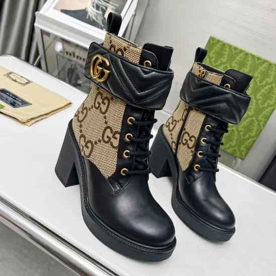 Gucci-Khaki Canvas Cowhide Ankle Boots