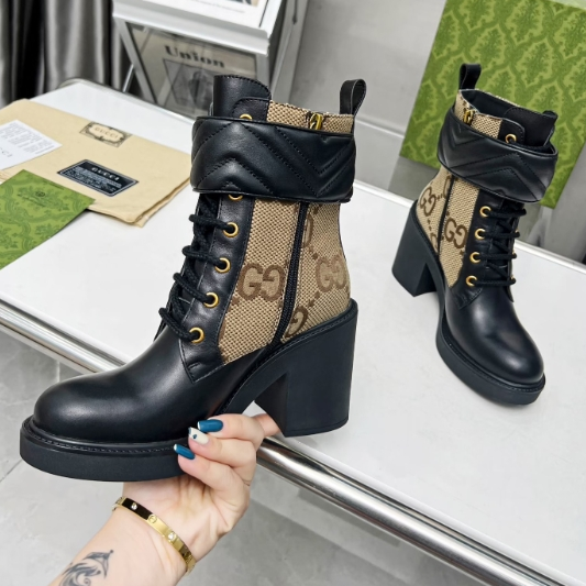 Gucci-Khaki Canvas Cowhide Ankle Boots