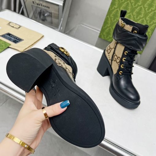 Gucci-Khaki Canvas Cowhide Ankle Boots