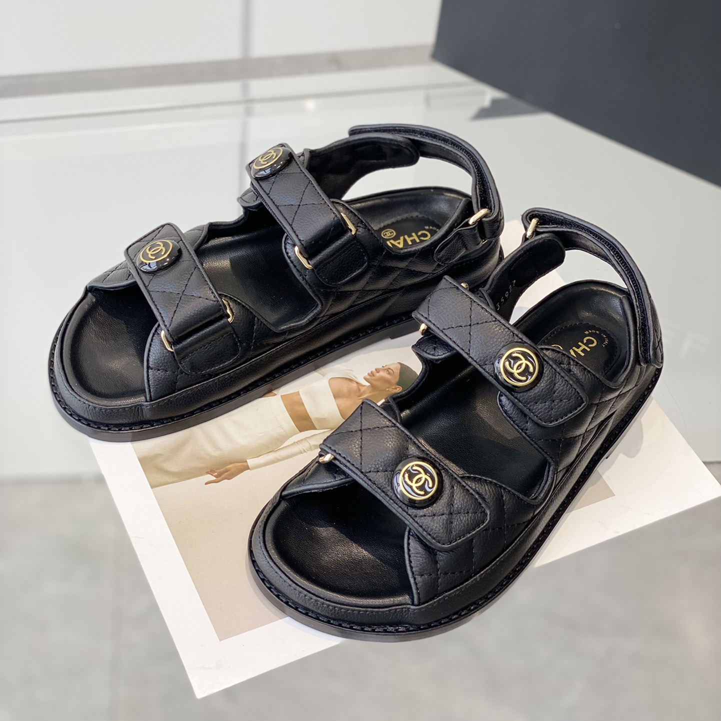 Chanel-Black Flat Beach Sandals