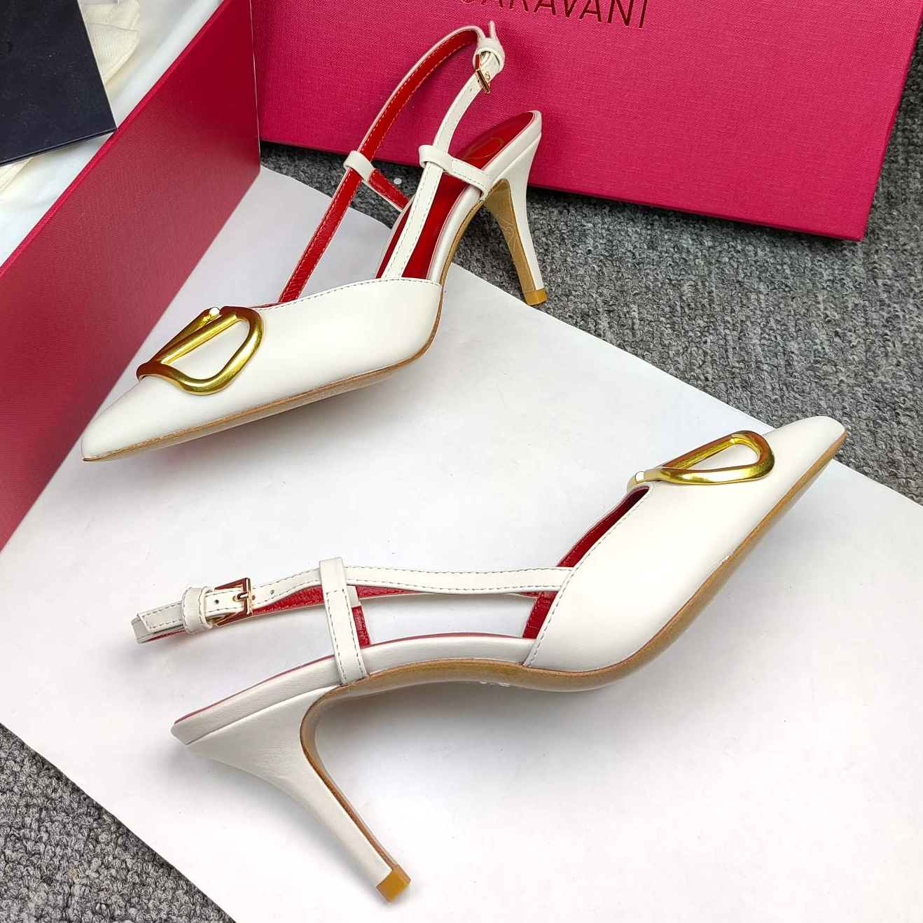 Valentino- White Pointed Buckle High Heels
