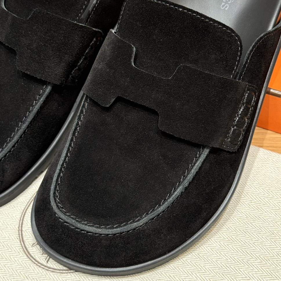 Hermes-Go Mule Black Suede Calfskin Slides