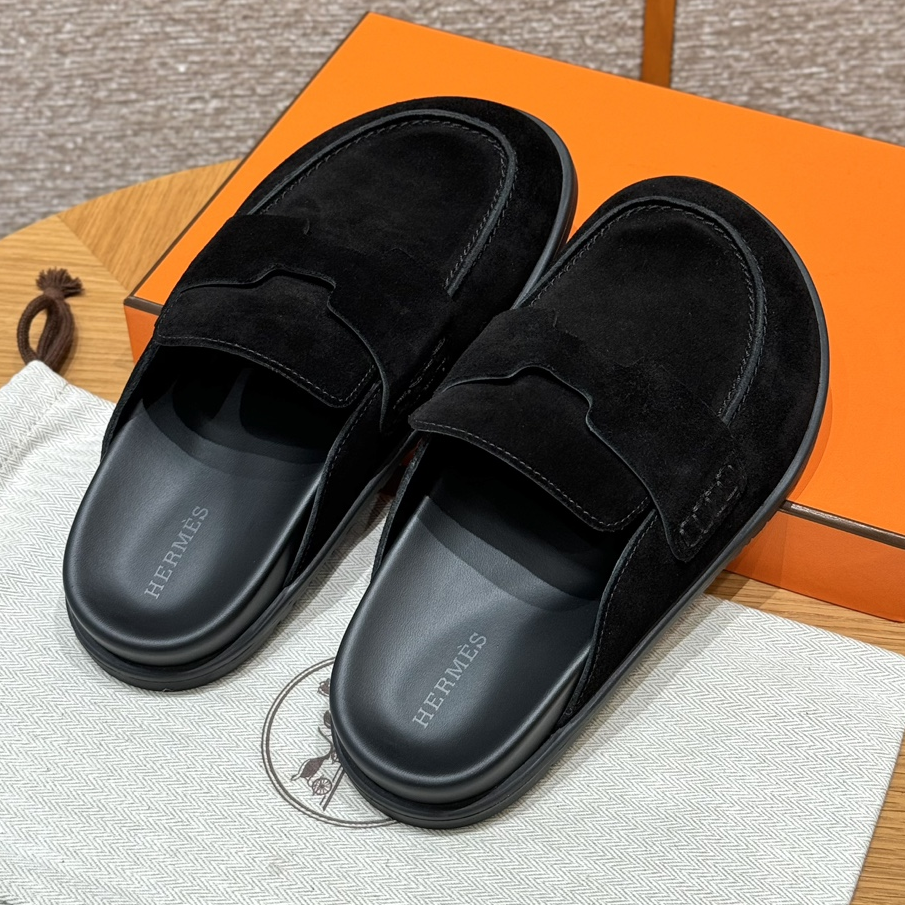 Hermes-Go Mule Black Suede Calfskin Slides