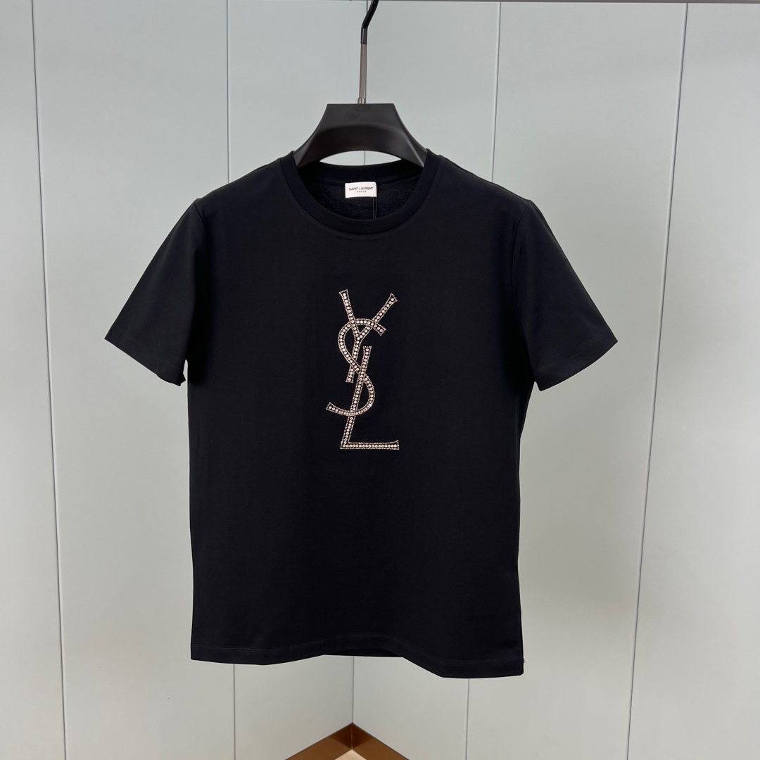 YSL - Crystal Embellished Logo Short Sleeve T-Shirt