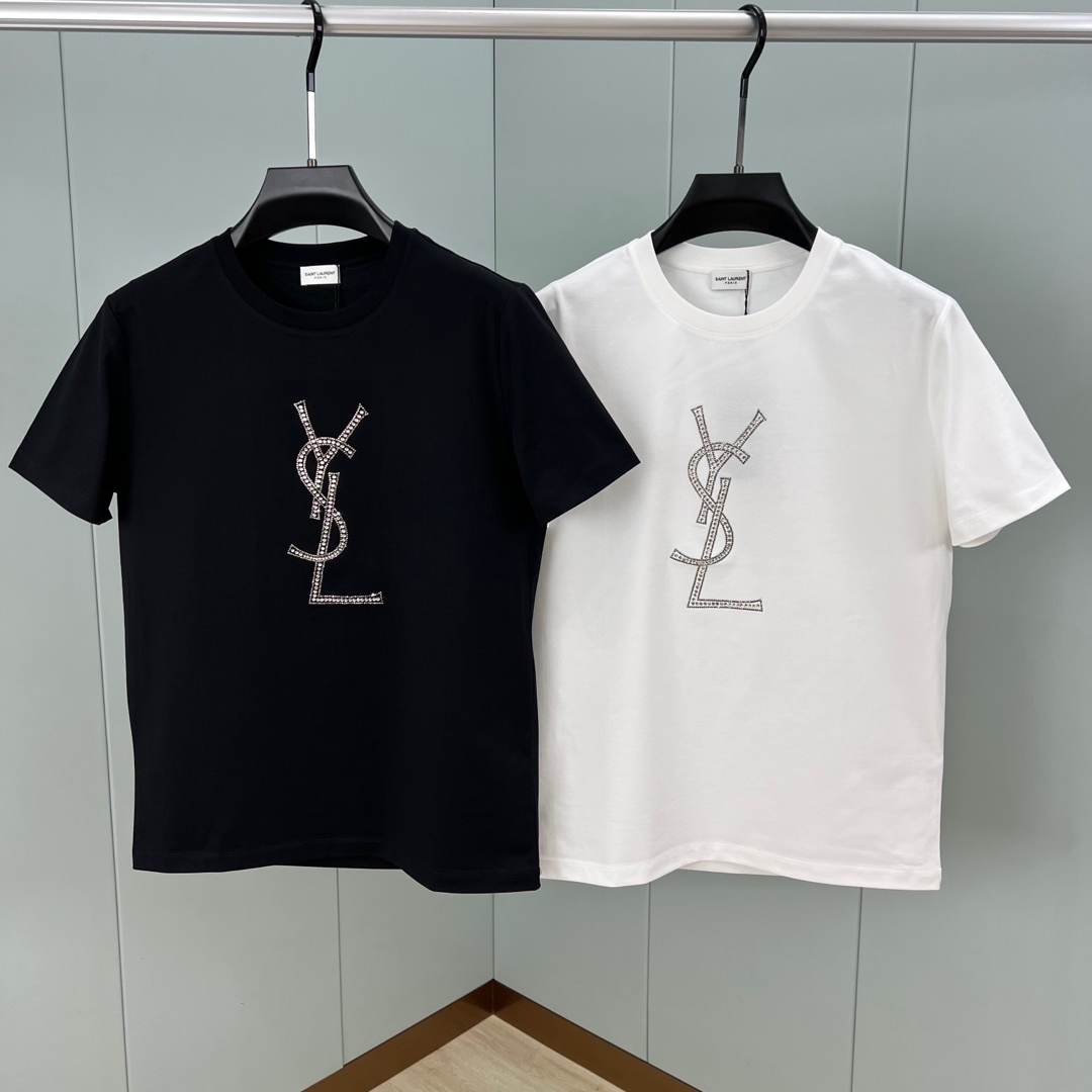 YSL - Crystal Embellished Logo Short Sleeve T-Shirt
