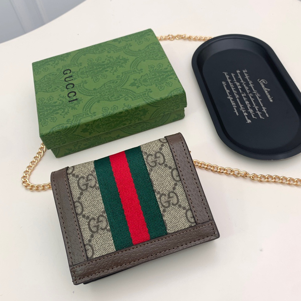 GUCCI - Ophidia Brown Leather Card Holder Shoulder Crossbody Bag
