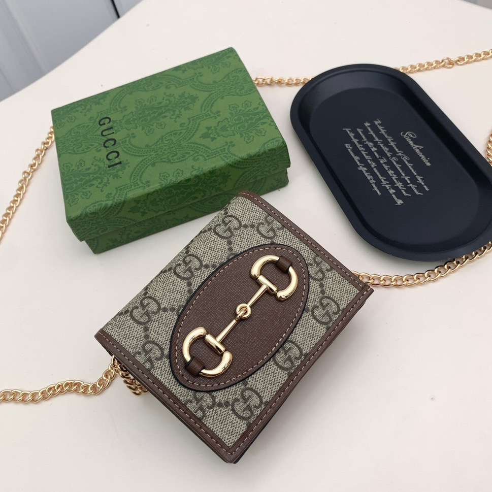 GUCCI - Horsebit 1955 Vintage Gold Buckle Monogram Canvas and Leather Chain Wallet