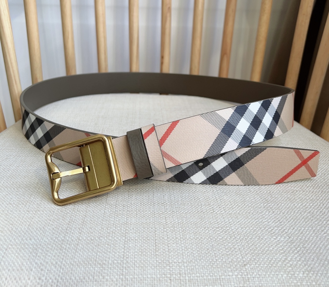 Burberry-Plaid calf leather belt