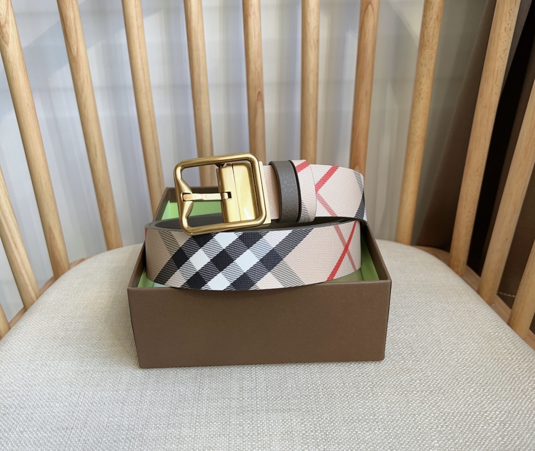 Burberry-Plaid calf leather belt