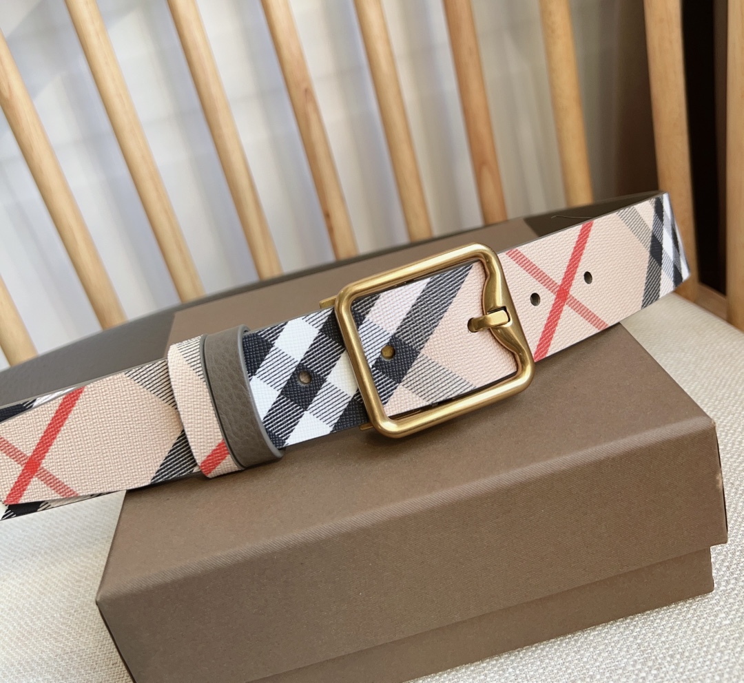 Burberry-Plaid calf leather belt