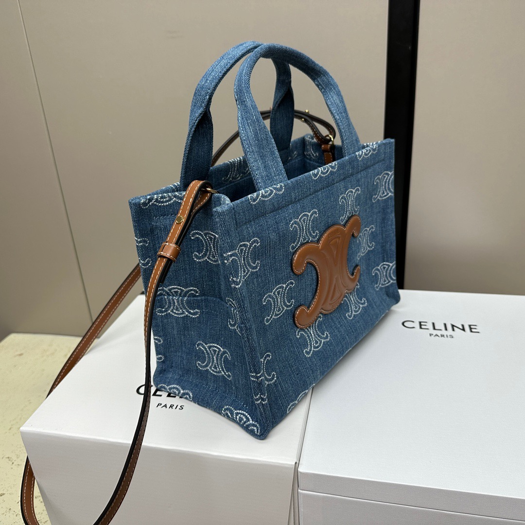 CELINE-Printed fabric cowhide leather tote bag