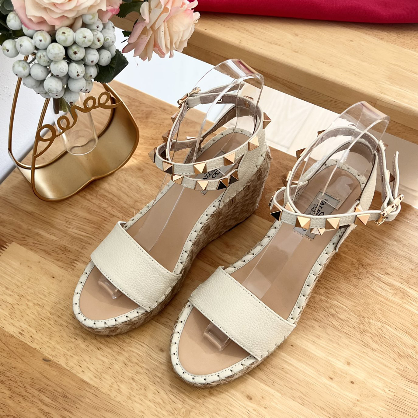 Valentino Garavani-pebbled leather lace-up wedge sandals