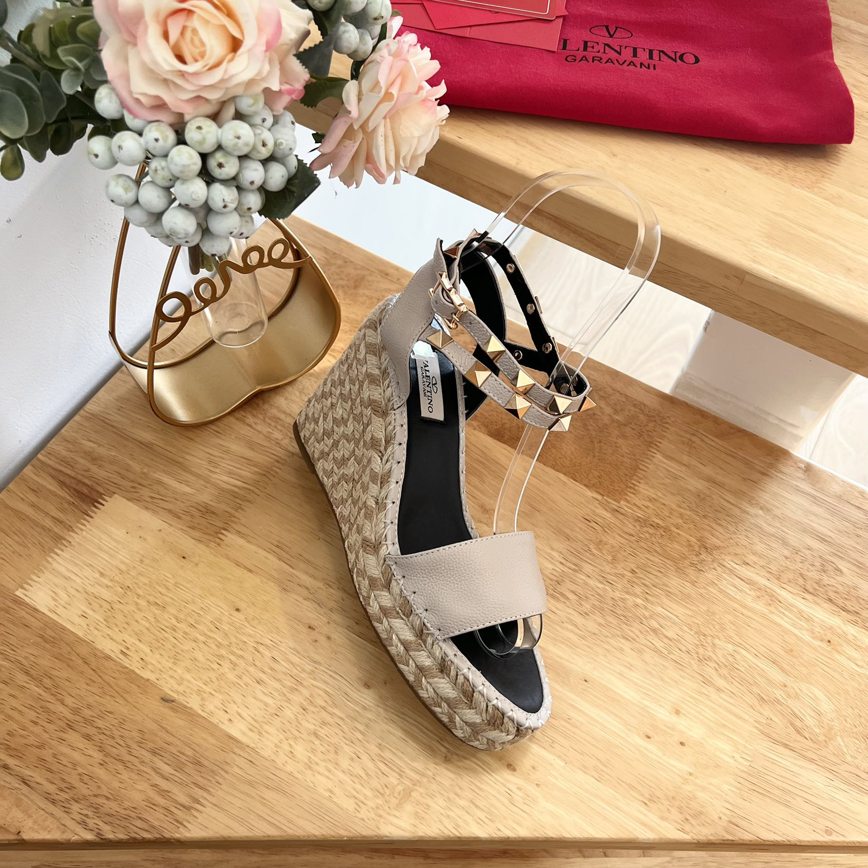 Valentino Garavani-pebbled leather lace-up wedge sandals