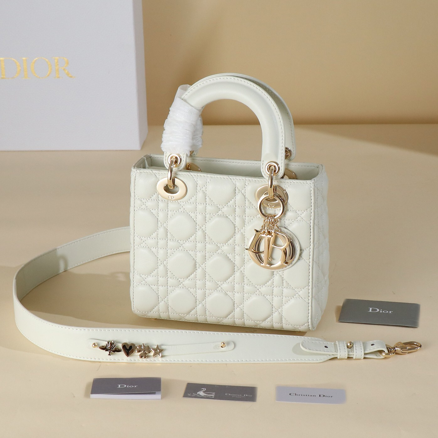 Dior- lady my abior White sheepskin leather rattan grid handbag