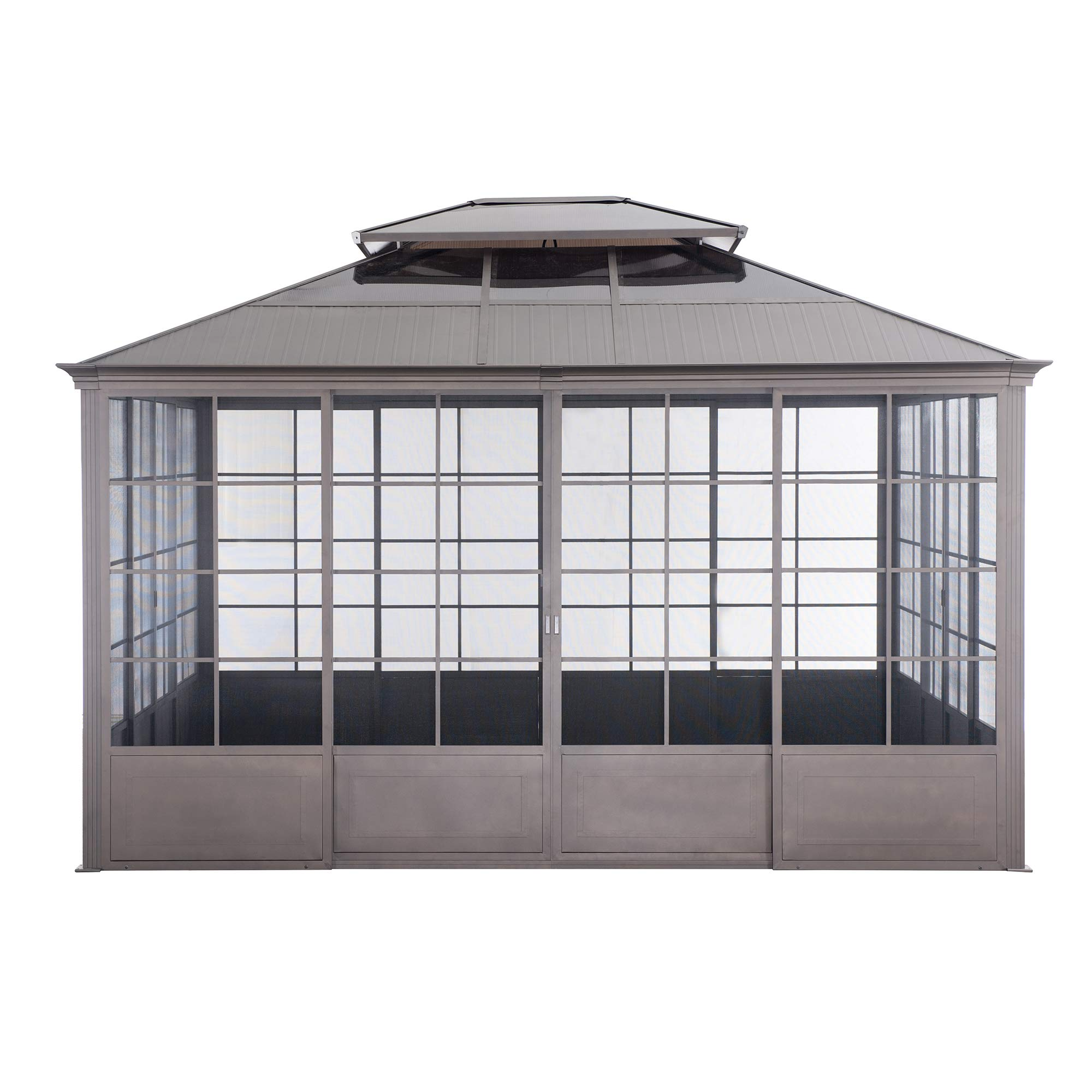 Outdoor Sunroom 12x14 ft. Steel Screenhouse with 2-Tier Hardtop Hot Tub Gazebo