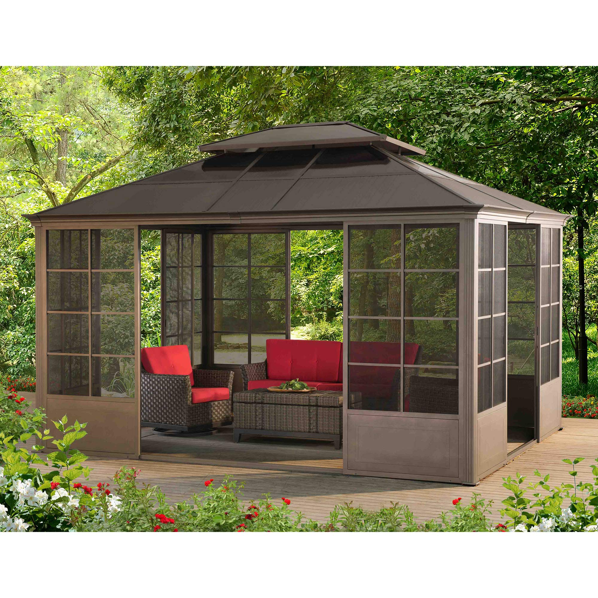 Outdoor Sunroom 12x14 ft. Steel Screenhouse with 2-Tier Hardtop Hot Tub Gazebo