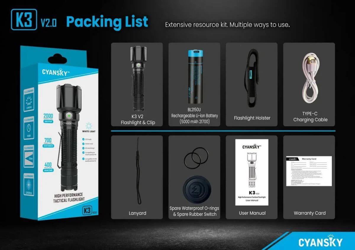 Cyansky K3 V2.0 2000 Lumen Tactical Flashlight
