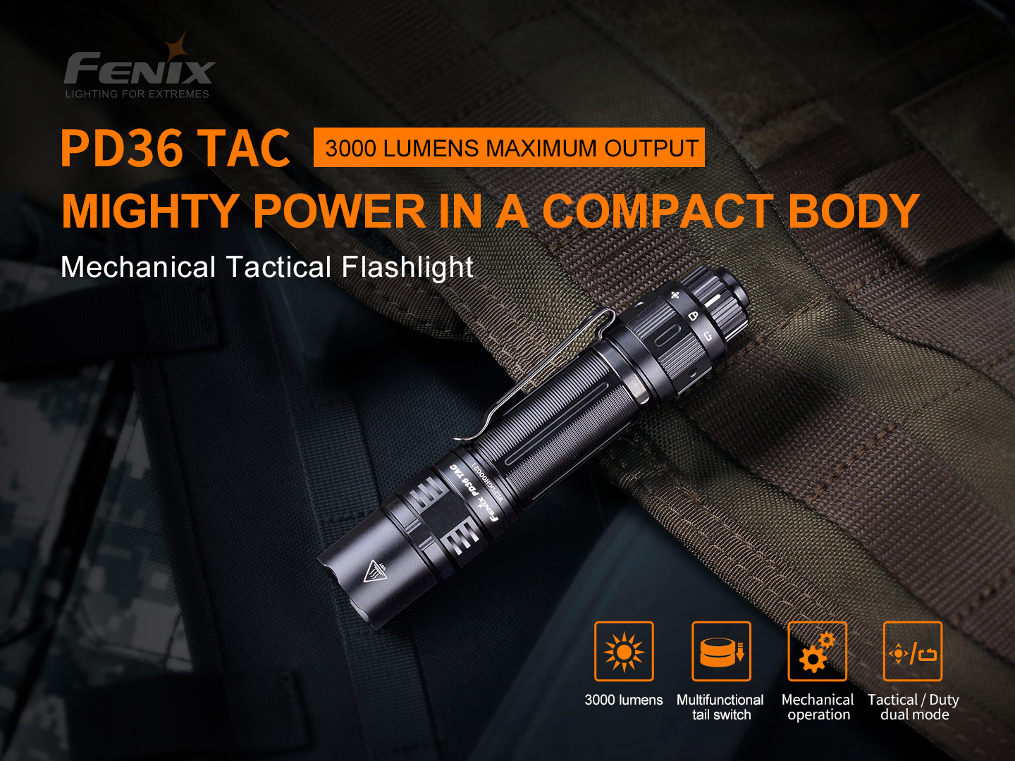FENIX PD36 TAC 3000 Lumens Mechanical Tactical Flashlight with 21700 Rechargeable Li-ion Battery
