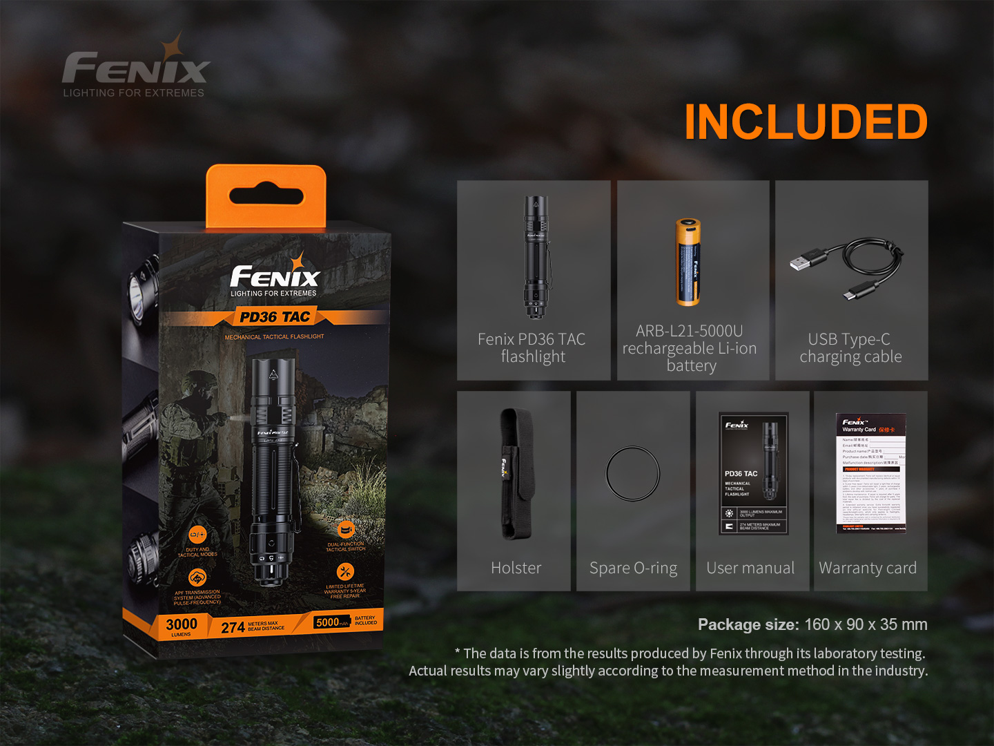 FENIX PD36 TAC 3000 Lumens Mechanical Tactical Flashlight with 21700 Rechargeable Li-ion Battery
