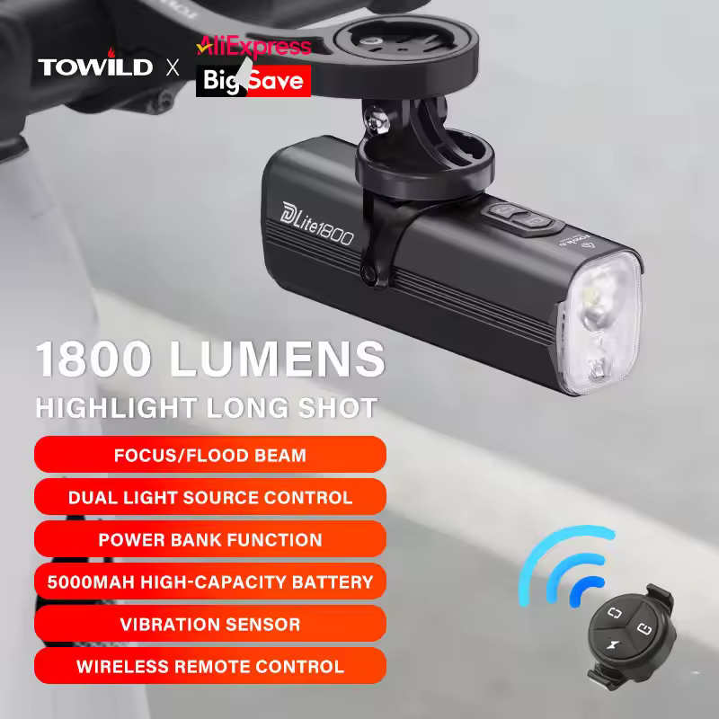 TOWILD Bicycle Lights 1200LM/1800LM Focus/Flood Beam Dual Light Source LED Smart Bike Front Lights IPX6 Mtb Cycling Headlights