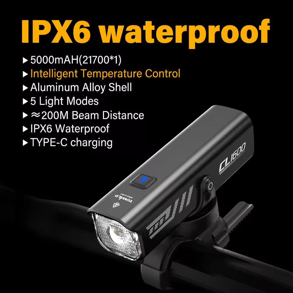 TOWILD 1600LM Bike Light Front Lamp Type-C Rechargeable LED 21700 5000mAh Bicycle Light Waterproof Headlight Bike Accessories