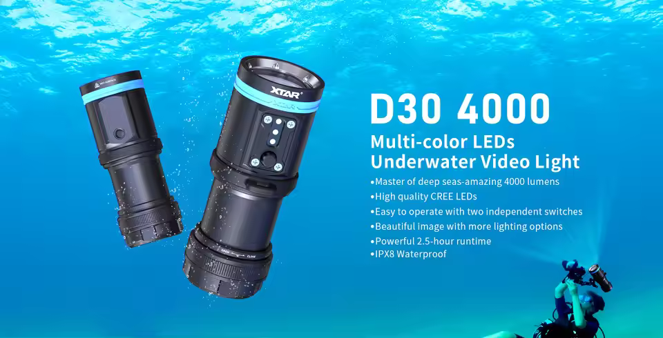 XTAR D30 4000 Diving Flashlight IP68 Waterproof Professional Diving Light High 9 LEDS Super Bright Dive LED Flashlight UV