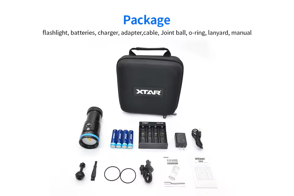 XTAR D30 6000 Diving Flashlight 6000LM Super Bright Waterproof IP68 Professional Diving Light + 4PCS 18650 3600 Li-ion Battery