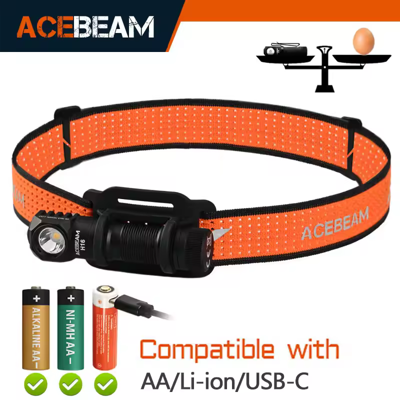 ACEBEAM High CRI LED Headlamp H16 Super Lightweight Rechargeable EDC Flashlight For Camping Working with Wide Voltage(1.2–4.2V)