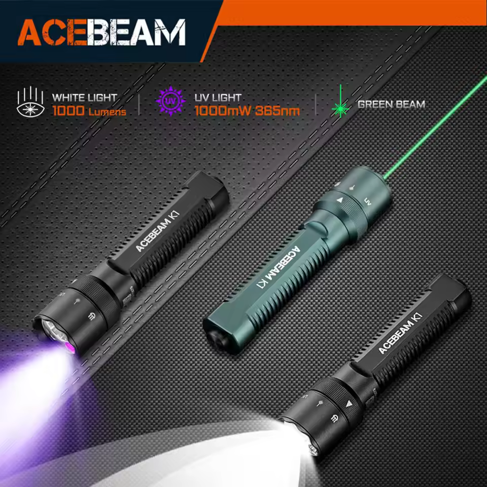 ACEBEAM K1 Rechargeable Flashlight EDC AA Pocket 1000 Lumens High Brightness with Green Beam UV LED And White LED Light