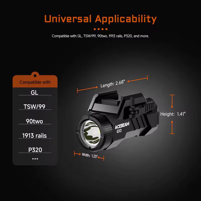 ACEBEAM G10 600 lumen quick detach tactical rail mount flashlight rechargeable 850mah battery wide compatible GL TWS99 90two