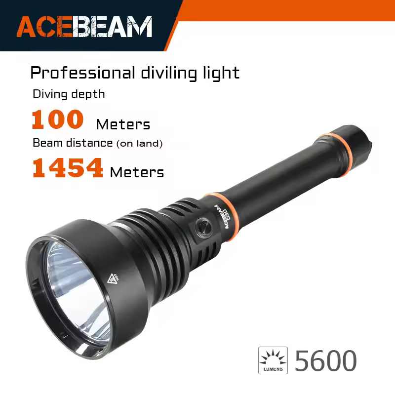 ACEBEAM D30 Diving Flashlight SFT-90X Flashlight 5600 Lumen 1454 Meter Beam Distance Diving Depth 100m 2 x 21700 USB-C Battery