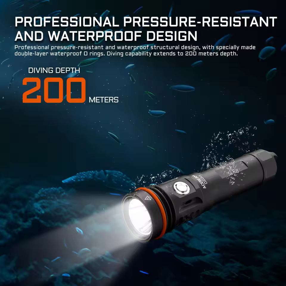 ACEBEAM Diving Flashlight D20 2.0 2200 Lumen 500 Meter Beam Distance SFT40 LED Diving Flashlight Depth 200m 21700 battery