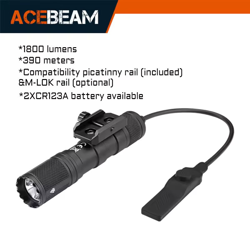 ACEBEAM G15 rail-mounted light tactical flashlight 1800 lumens 390 meters 18650 rechargeable battery compatibility MIL-STD-1913