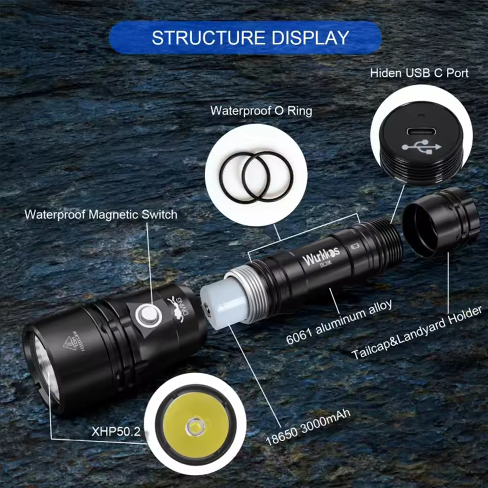 Wurkkos DL20R Scuba Diving Flashlight 3200LM Rechargeable Underwater Lantern 18650 XHP50.2 LED Lamp Outdoor Light for Fishing