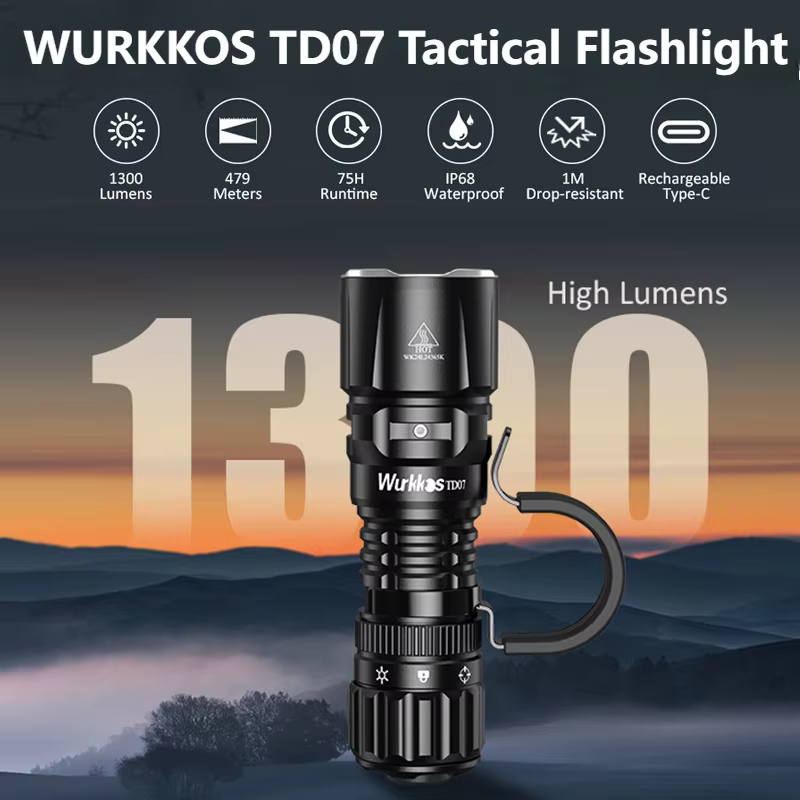 Wurkkos TD07 18350 Tactical Flashlight 1300LM 479M Long Range Rechargeable Lamp IP68 Mini Torch with Finger Ring Dual Switches