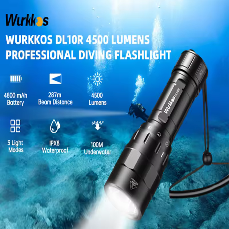 Wurkkos DL10R Scuba Diving Torch 4500LM Rechargeable 21700 XHP70.2 LED Lamp Underwater Lantern IPX8 Fishing Light Rotary Switch