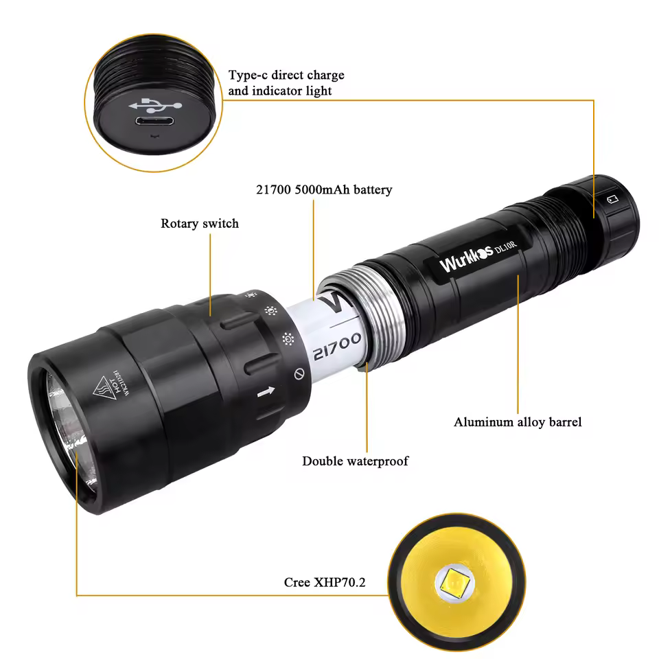 Wurkkos DL10R Scuba Diving Torch 4500LM Rechargeable 21700 XHP70.2 LED Lamp Underwater Lantern IPX8 Fishing Light Rotary Switch