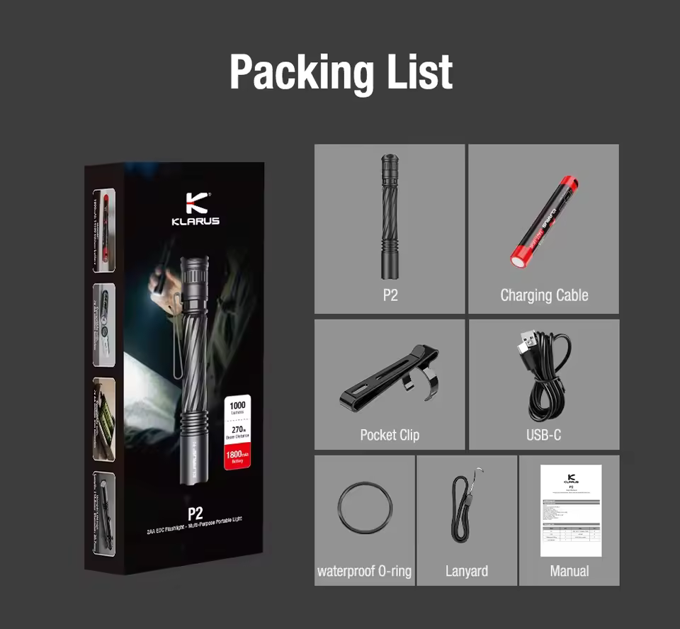 Klarus P2 1000Lumens USB-C Rechargeable EDC Flashlight 365Days Standby Protable Pen Light With Battery