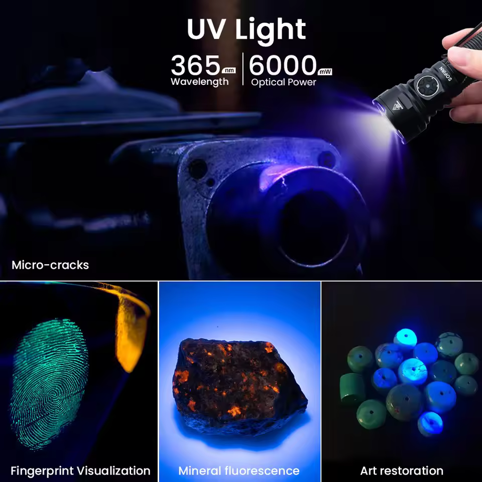 Sofirn SR15 UV Flashlight SST08 LED 365nm Powerful 21700 USB-C Rechargeable IPX8 Waterproof with Magnetic Tail for Detection