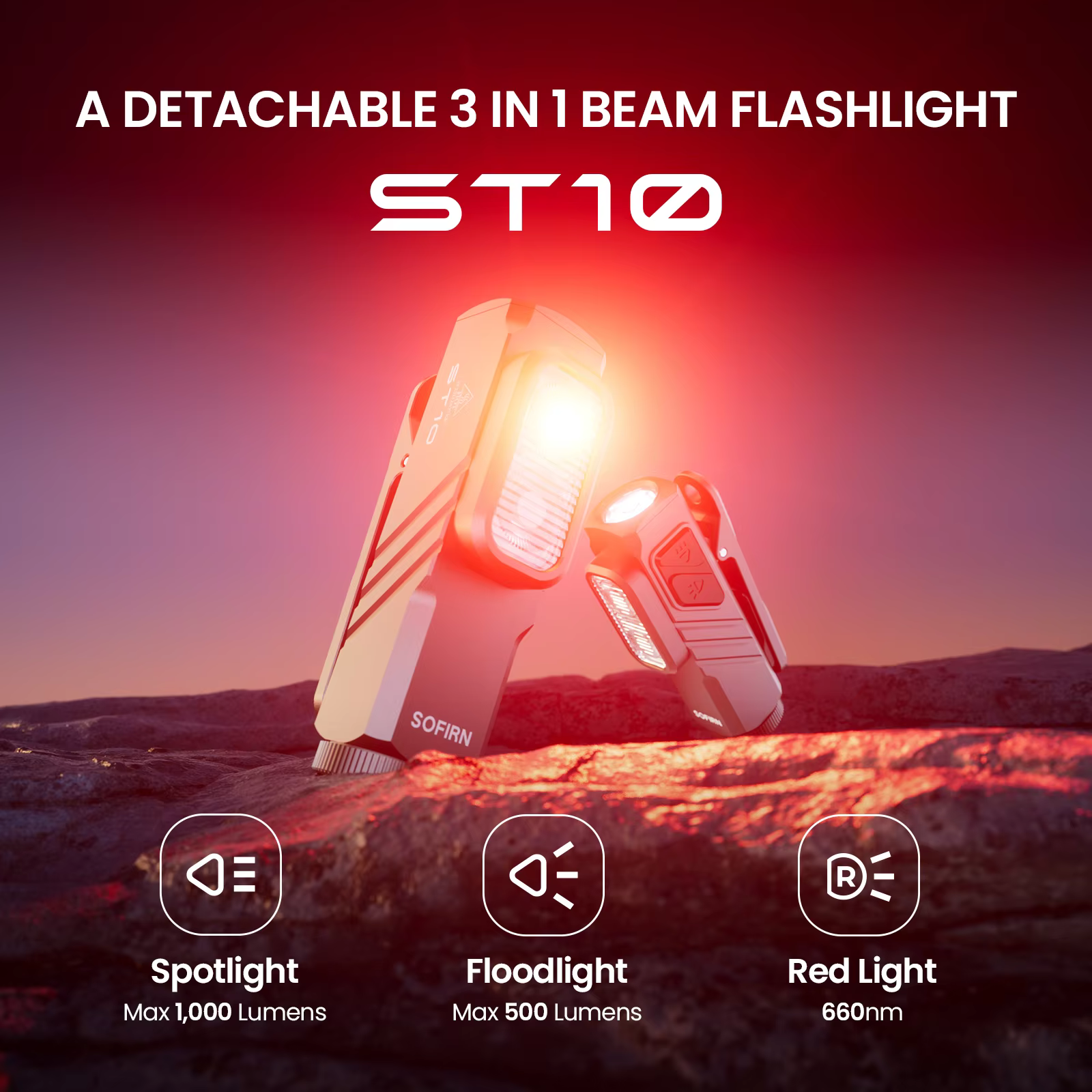 SOFIRN Mini ST10 1000LM EDC Flashlight USB C 14500 Rechargeable with Red Light 660NM Magnetic Tail & clip Dual Switch Torch