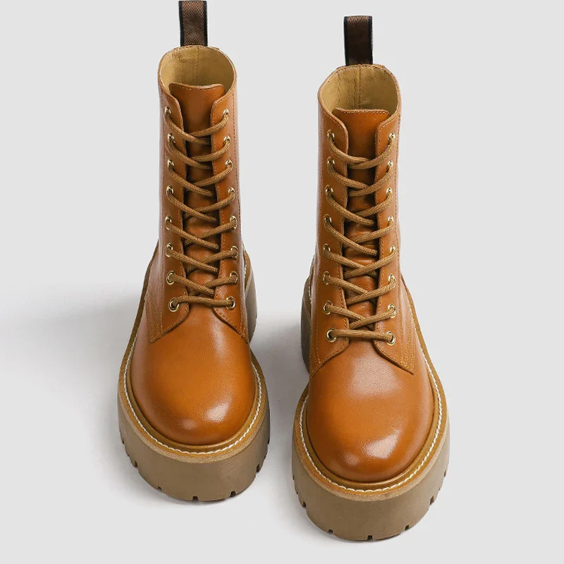 Leather Ankle Boots For Women Round Toe Lace Up