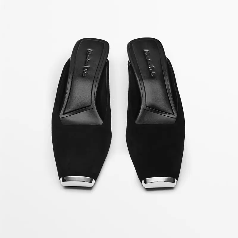 Genuine Leather Women Slippers Silver Square Toe