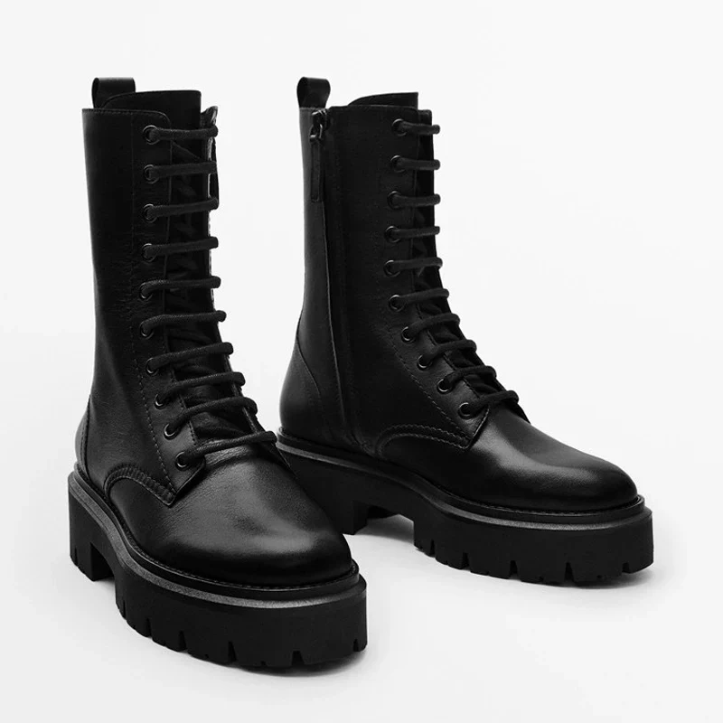 Genuine Leather Ankle Boots For Women Lace Up