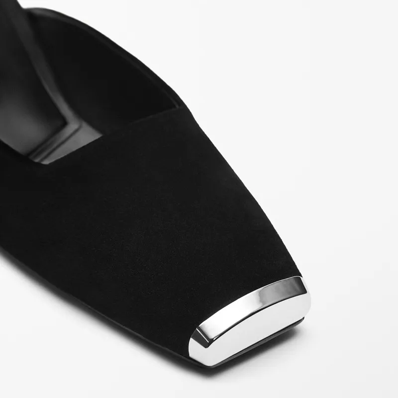 Genuine Leather Women Slippers Silver Square Toe