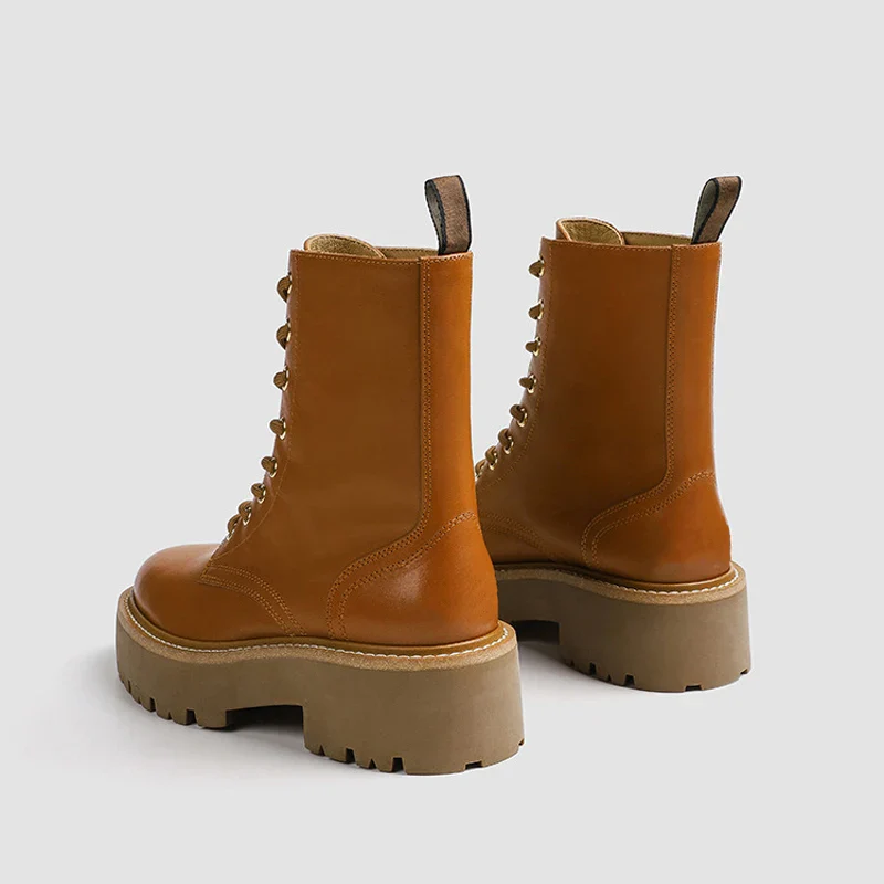 Leather Ankle Boots For Women Round Toe Lace Up