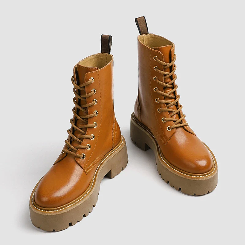 Leather Ankle Boots For Women Round Toe Lace Up