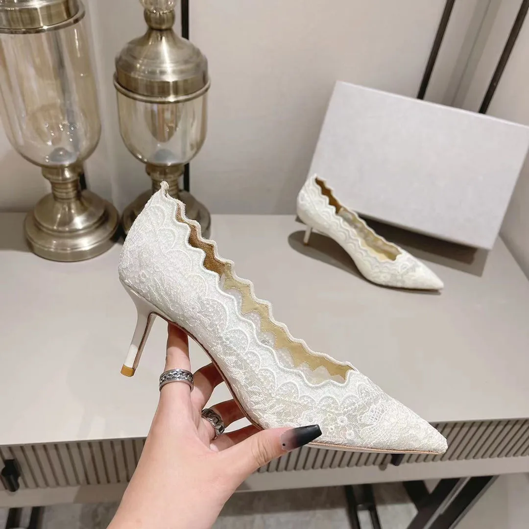 White Lace Hollow Embroidery Pointed Thin Heel High Heel